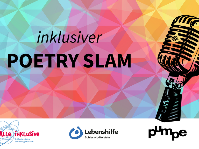 inklusiver Poetry Slam: bunter geometrischer Hintergund mit Retromikrofon